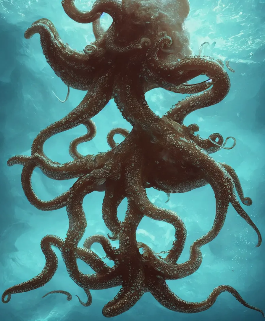 Image similar to hyper realistic giant octopus holding a small submarine underwater, illustrated by greg rutkowski, beautiful volumetric lighting, intricate, ultra detailed, photorealistic, trending on artstation, octane render, 8 k