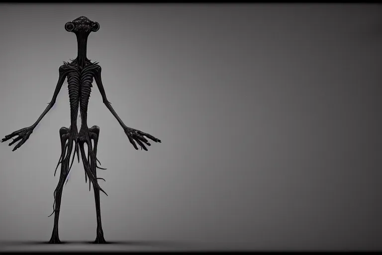 Prompt: lanky ink creature made out of a humanoid nervous system with large meaty spikes all over the body, cinematic, volumetric lighting, f 8 aperture, cinematic eastman 5 3 8 4 film, photorealistic