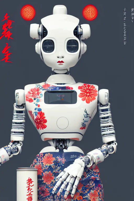 Image similar to full body portrait of a japanese robot geisha with kanji tattoos and decals wearing a digital pixelated kimono, intricate design, photorealistic, octane render, raytraced, ultra fine detailed, character design, trending on artstation