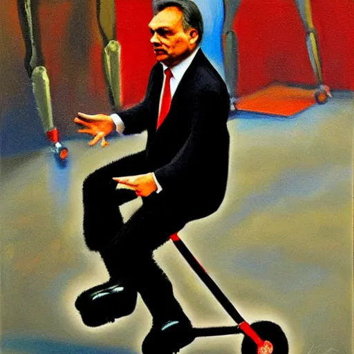 Image similar to viktor orban putting on rollerskates, oil painting