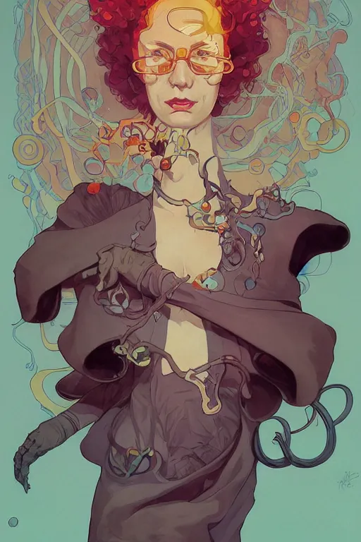Image similar to portrait of crazy mad lady scientist, stylized illustration by peter mohrbacher, moebius, mucha, mike mignola, colorful comics style, clean line