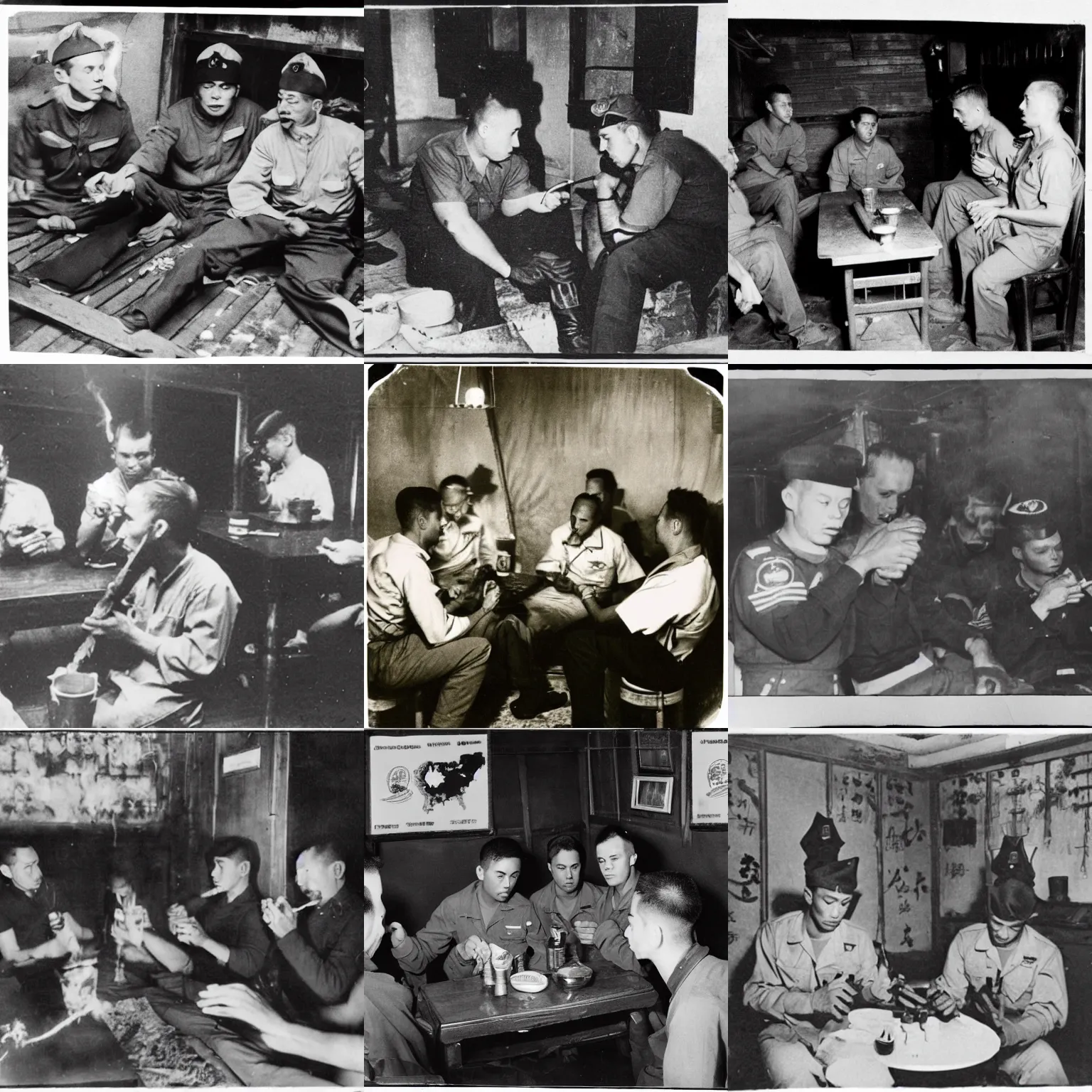 Prompt: Photograph of American Navy sailors smoking in a Chinese opium den