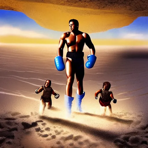 Prompt: rocky iii racing apollo and rocky on the beach, matte painting, art concept, unreal engine, in the style of dune movie poster