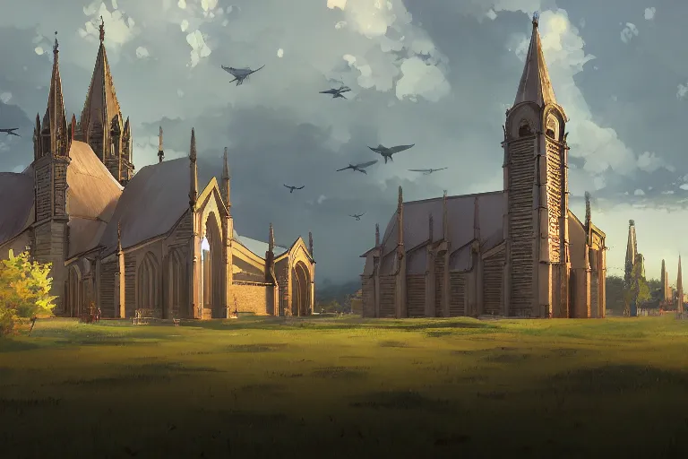 Prompt: concept art of a huge ornate church with lots of smaller chapels combined on top of a tank aka churchtank in an open field, key visual, ambient lighting, highly detailed, digital painting, artstation, concept art, sharp focus, by makoto shinkai and akihiko yoshida and greg manchess