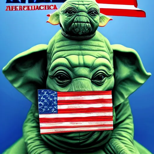 Image similar to elephant yoda as potus American flag, modern art placed in a large living room, art designers magazine HD photo superrealism 3d 8k resolution