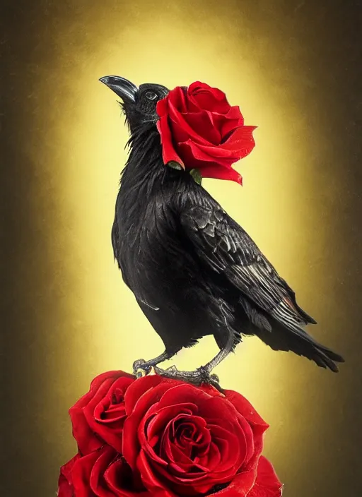 Image similar to red and golden color details, portrait, A healthy and proud crow with red eyes in front of the full big moon, book cover, red roses, red white black colors, establishing shot, extremly high detail, foto realistic, cinematic lighting, by Yoshitaka Amano, Ruan Jia, Kentaro Miura, Artgerm, post processed, concept art, artstation, raphael lacoste, alex ross, portrait, A crow with red eyes in front of the full big moon, book cover, red roses, red white black colors, establishing shot, extremly high detail, photo-realistic, cinematic lighting, by Yoshitaka Amano, Ruan Jia, Kentaro Miura, Artgerm, post processed, concept art, artstation, raphael lacoste, alex ross