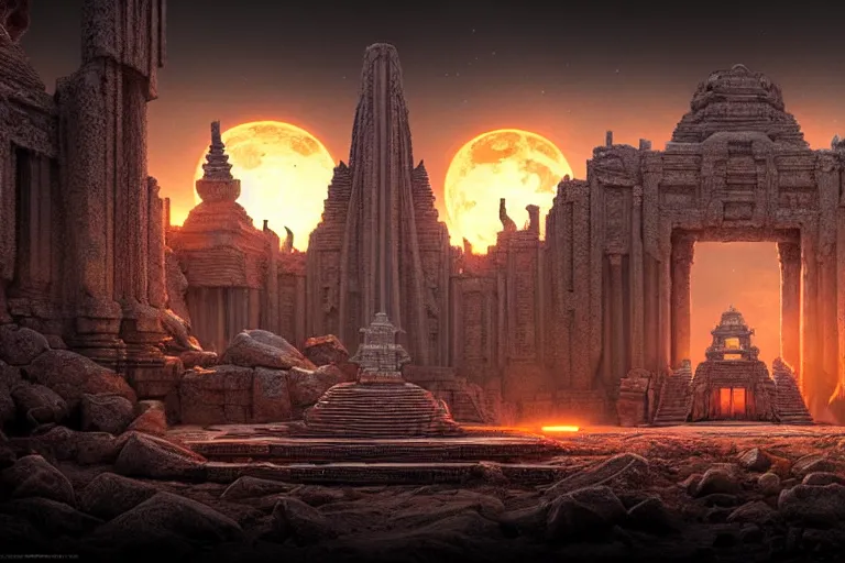 Image similar to beautiful hyperrealistic hyperdetailed epic hdr 3 d render by octane of the mysterious intricate ruins of a temple from an advanced alien starwars civilization under the crescent moon by alejandro burdisio, dramatic lighting