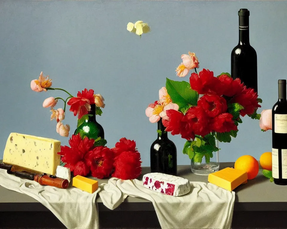 Image similar to an achingly beautiful still life featuring blooming flowers, cheeses, red wine, and toy cars by Raphael, Hopper, and Rene Magritte. detailed, romantic, studio lighting, enchanting, trending on artstation.