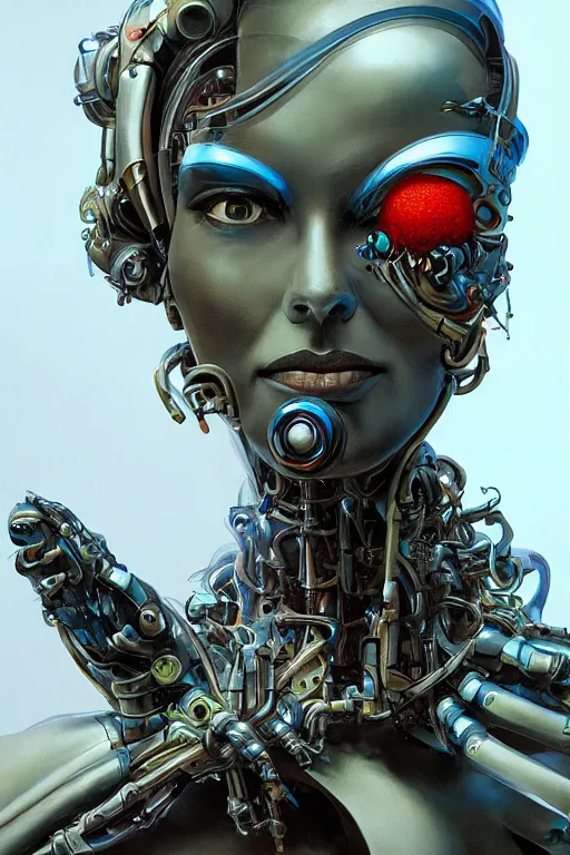 Image similar to portrait of a cyborg woman by Roger Dean, biomechanical, hyper detailled, trending on artstation