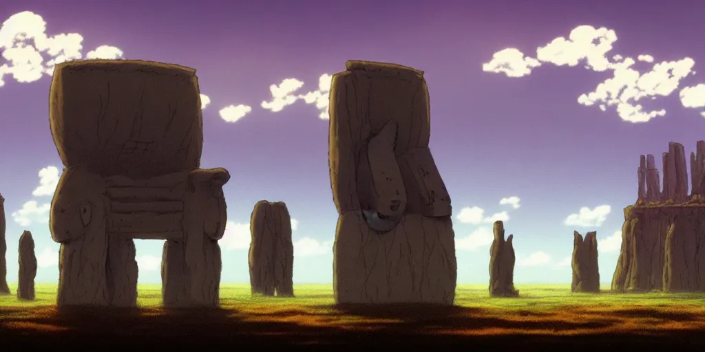 Image similar to a realistic cell - shaded studio ghibli concept art from paprika ( 2 0 0 6 ) of a giant wooly mammoth and a grey warrior in a flooded monument valley stonehenge easter island on a misty starry night. very dull colors, wide shot, hd, 4 k, hq