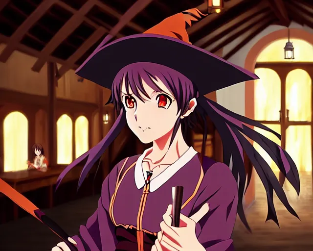 Image similar to key anime visual portrait of a young female witch in a tavern interior defending a companion, dynamic pose, dynamic perspective, cinematic, dramatic lighting.