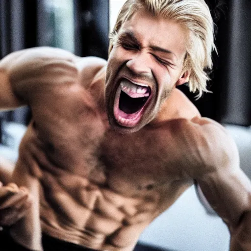 Image similar to A blond, muscular man screaming enters an appointment in his calendar