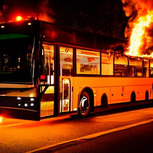 Image similar to autobus on fire with lcd screen saying 5 1 2 photorealistic. rule of thirds.