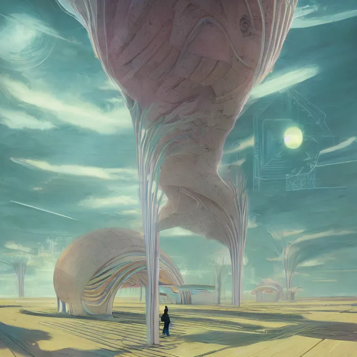 Prompt: amai liu, science fiction, extremely detailed, sharp focus, pastel colors, intricate, hard light, illustration, volumetric lighting, digital painting, by roger dean, by santiago calatrava, by simon stalenhag