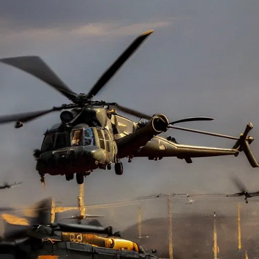 Image similar to Action Horror Cinematic Scene Military Helicopters shooting at Giant Monster in the city