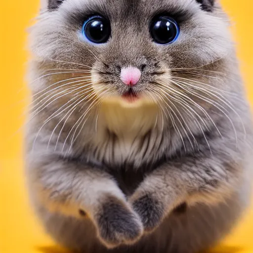 Image similar to fluffy miniature feline cat hamster portrait, aesthetic highly detailed soft fur and paws, professionally shot photorealistic 8k photograph, 35mm Canon EOS R3, rendered in octane, by Natalie Große and Jason Allison