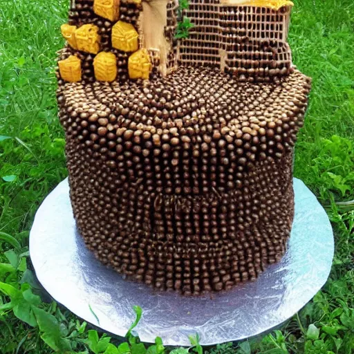 Prompt: a birthday cake made of bees