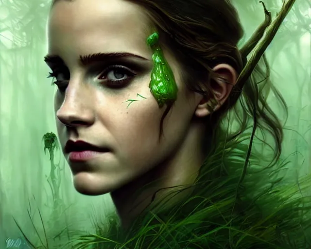 Image similar to mindblowing portrait of emma watson as a swamp witch, green colored skin!!, deep focus, d & d, fantasy, intricate, elegant, highly detailed, digital painting, artstation, concept art, matte, sharp, illustration, hearthstone, art by artgerm and greg rutkowski and alphonse mucha