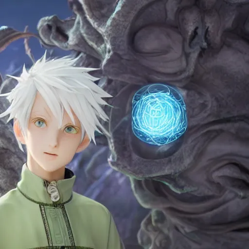 Prompt: a white haired green eyes boy casting a spell. character design. intricate. gesture drawing. line of action. official art, unreal engine 5, unreal engine. tetsuya nomura. medium shot. ray tracing hdr. 8 k. uhd. sharp focus. highly detailed. masterpiece. anime render. cinematic lighting. lifelike. symmetrical face. beautiful face