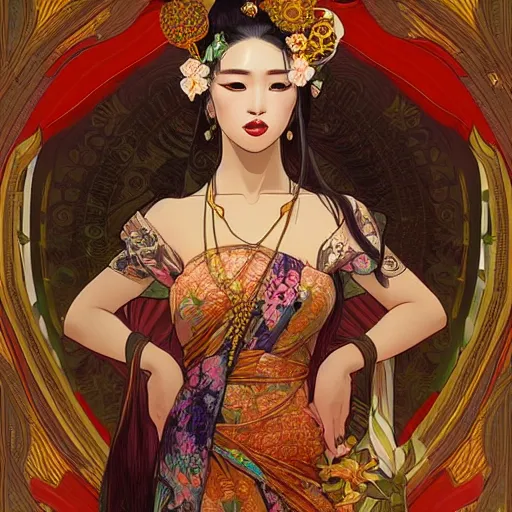 Prompt: Ukiyo-style, beautiful bali princess by kittichai rueangchaichan, floralpunk, Artstation, art nouveau aesthetic, Alphonse Mucha background, intricate details, photo realistic, dramatic