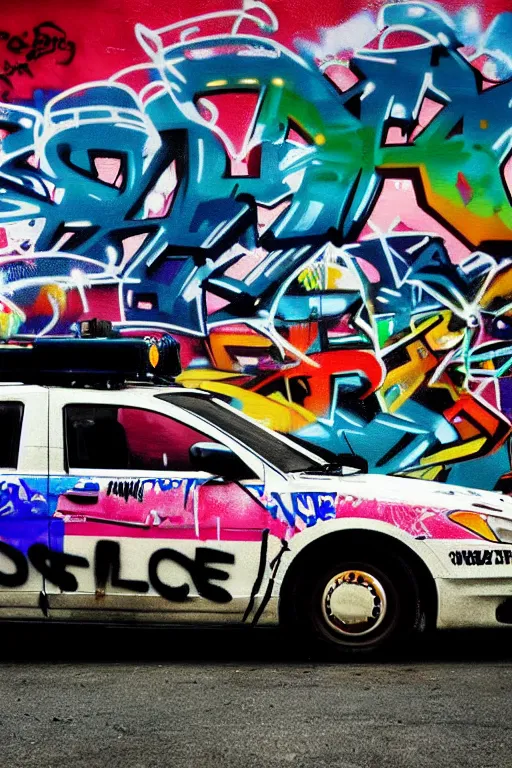 Image similar to a police car covered in graffiti by mia brownell, art by anna hotchkis, antonio saura, very detailed, maximalism, ambient occlusion, volumetric light, atmospheric haze, hyper realism, futuristic but colorful shading, cinematic composition, realistic render, photography, wide shot