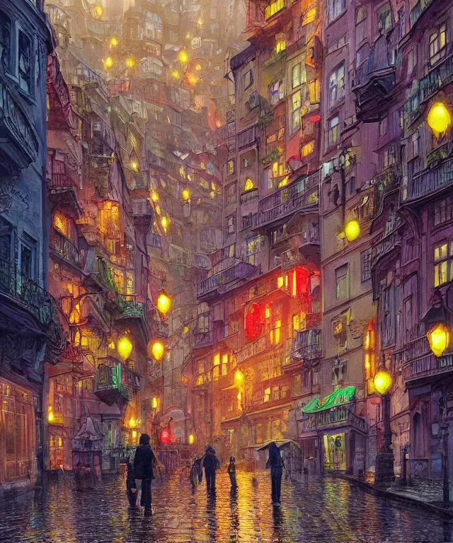 Prompt: insane perspective of colorful street vue from prague, realistic shaded , humid ground, highly detailed, artstation, painting by François Schuiten and moebius, disney fantasy style, people and creatures walking, big red robot waiting, volumetric light, neon lights, science fiction elements, lampposts, rainy mood