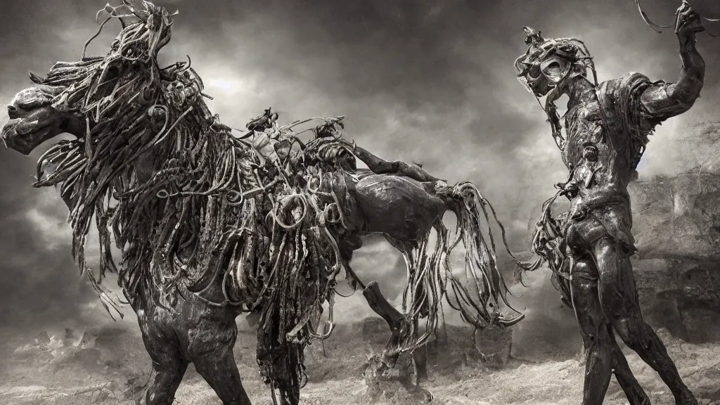 Image similar to Stylized Ife carved sculpture of horseman wearing dark shades and dreadlocks that flow to the ground like data cables, hdr background, cinematic lighting, very detailed, depth of field, Octane Render