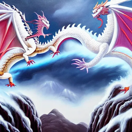 Image similar to a vast oil painting of two storm dragons dueling above the snowy peaks, hyper realistic, vivid, highly detailed, many colors