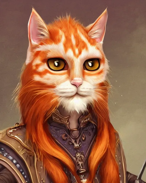 Prompt: High Fantasy whimsical portrait painting of a wise anthropomorphic humanoid ginger cat with big bushy eyebrows, upper body, wearing fantasy formal clothing, wearing fantasy clothing, cgsociety, trending on artstation, dnd