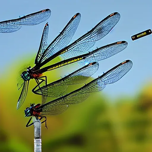 Prompt: a horde of dragonflies using cables to lift a tank, fantasy