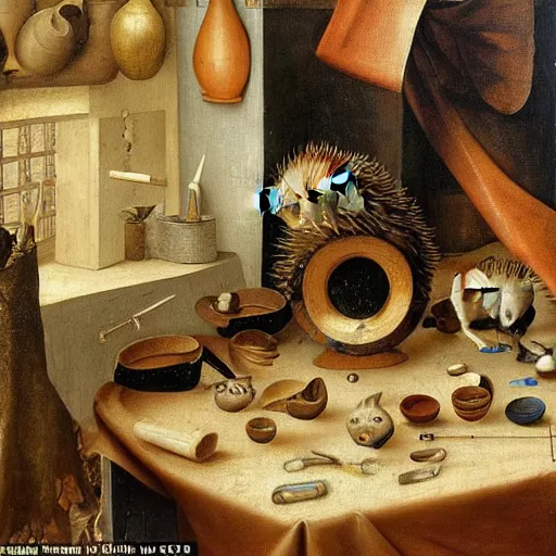 Prompt: famous painting of a beautiful happy hedgehog on a table in a ceramic workshop, surrounded by ceramicists tools and unfinished bowls, oil painting, northern renaissance art, oil on canvas, wet - on - wet technique, realistic, intricate textures, illusionistic detail