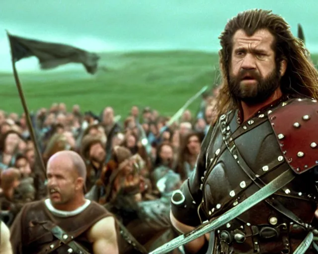 Prompt: a wide angle movie still from braveheart 1 9 9 5 showing mel gibson driving a car, shot on celluloid with panavision cameras, panavision lenses, 3 5 mm film negative width, anamorphic projection format, critically acclaimed, oscar winning practical effects