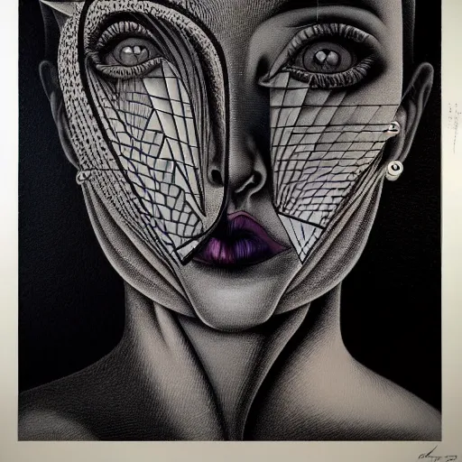 Prompt: surreal lowbrow monumental dynamic soft shadow portrait drawn by 9 0 s aerosol, illusion surreal art, highly conceptual figurative art, intricate detailed illustration, controversial poster art, polish poster art, geometrical drawings, no blur