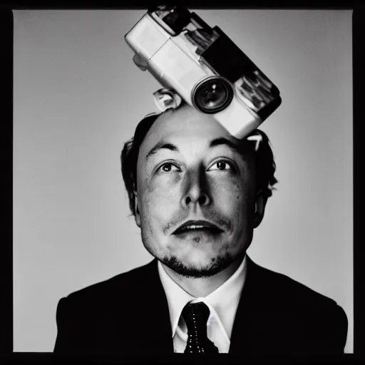 Image similar to photo of Elon Musk by Diane Arbus, black and white, high contrast, Rolleiflex, 55mm f/4 lens