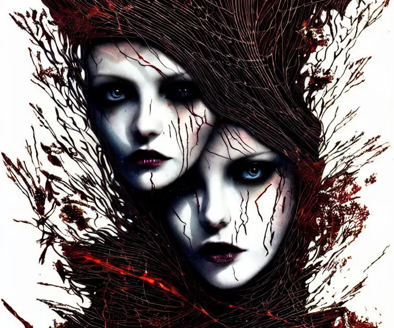 Image similar to stunning otherworldly gothic goddess of beauty, dark and mysterious, atmospheric, ominous, eerie, cinematic, epic, 8 k, 4 k, ultra detail, ultra realistic, rendered by awesomeness. nights falling wind is blowwing snow is pilling concept art in style of el anatsui and carne griffiths artwork by xsullo