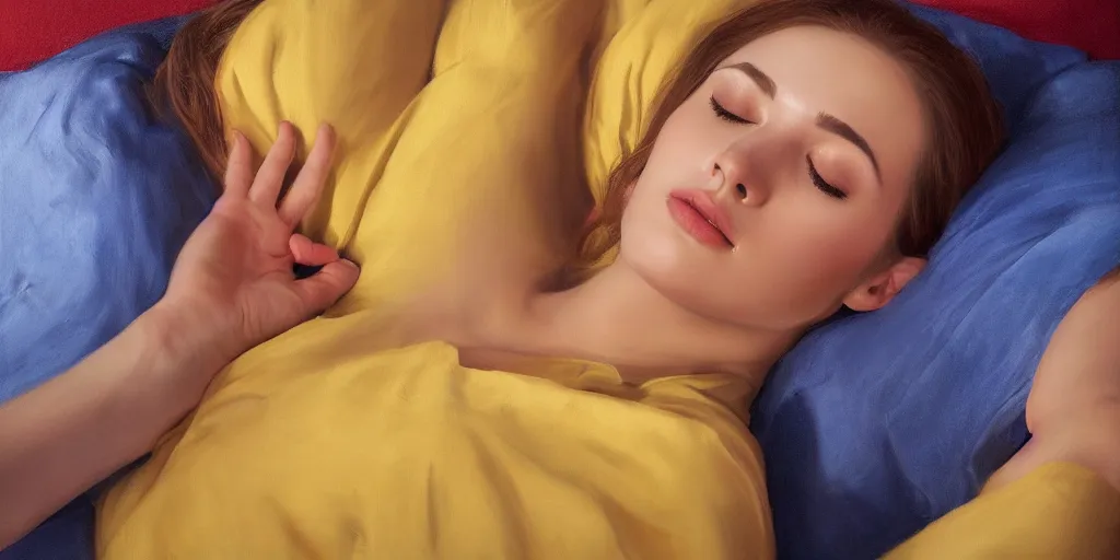 Image similar to beautiful oil matte portrait painting, young woman with closed eyes lying on a red bedsheet with blue pillows wearing a mustard yellow dress, detailed face, wonderful masterpiece highly detailed, beautiful cinematic light deep focus, elegant, digital painting, smooth, sharp focus, golden ratio, dramatic illumination, ultra realistic, 8 k, art by jimmy law