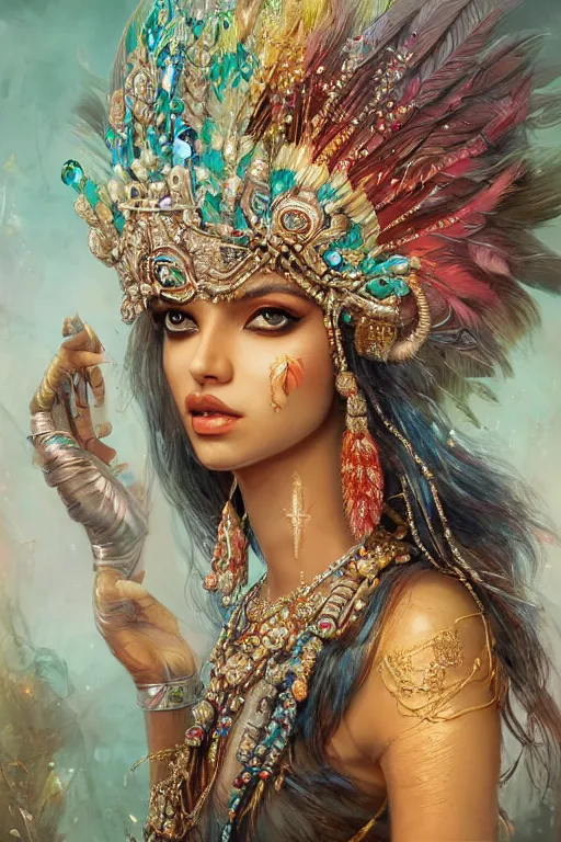 Prompt: beautiful indian model wearing crystal crown full of jewels and feathers, warhammer, cyberpunk, 3 d render, hyper realistic detailed portrait, holding magic flowers, scifi, fantasy, hyper detailed, octane render, concept art, peter mohrbacher, artgerm, ruan jia, wlop