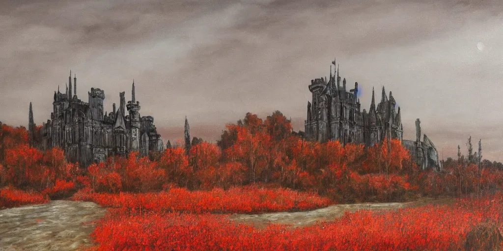 Prompt: a beautiful and gothic castle in the distance. Red sky. Dark ambient. Gothicpunk. Detailed oil on canvas. Art in style of Frances Ann Hopkins. High definition