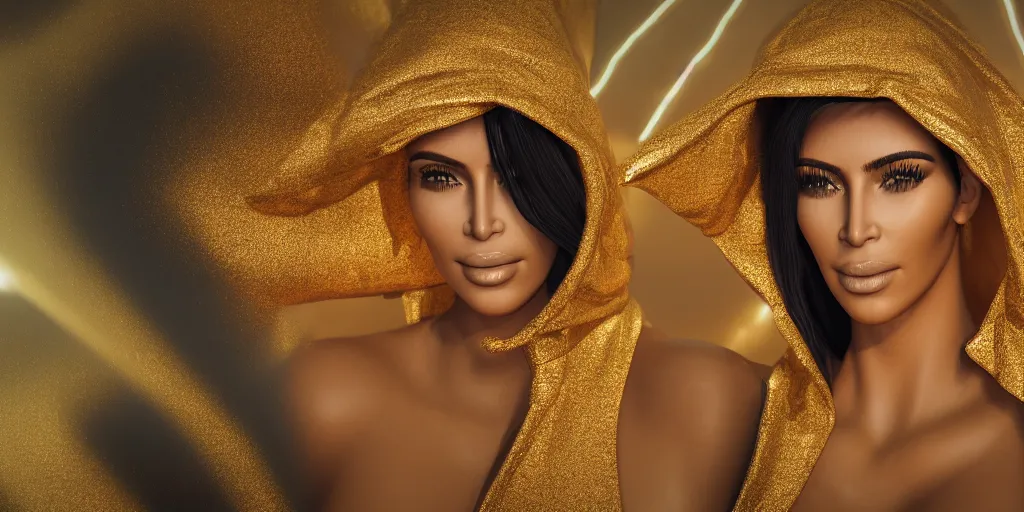 Prompt: macro portrait photograph of a glowing kim kardashian in a hood made of gold fabric at coachella stage, sparkling, ultra realistic, unreal 5 engine render, octane render, digital painting, smooth, elegant, pop art style, 8 k, 3 5 mm film grain,