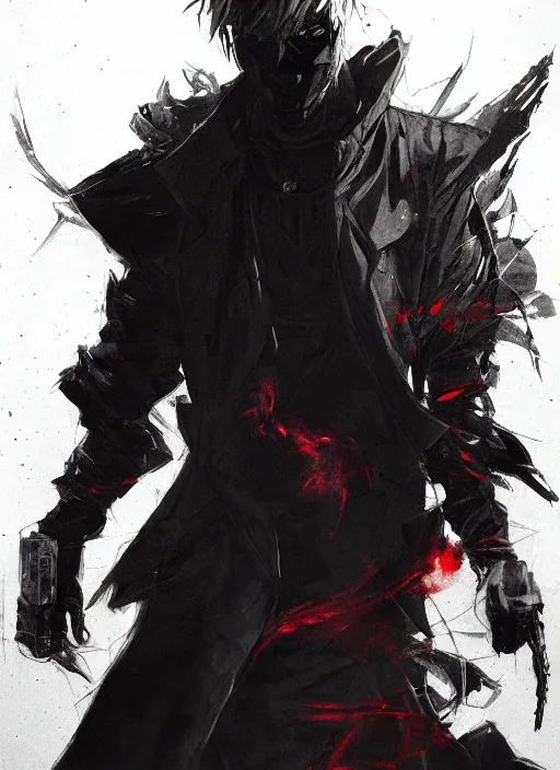 Image similar to half body portrait of an evil deity, a man in black mask and black rugged long trench coat made of smoke, red aura. in style of yoji shinkawa and hyung - tae kim, trending on artstation, dark fantasy, great composition, concept art, highly detailed, dynamic pose.