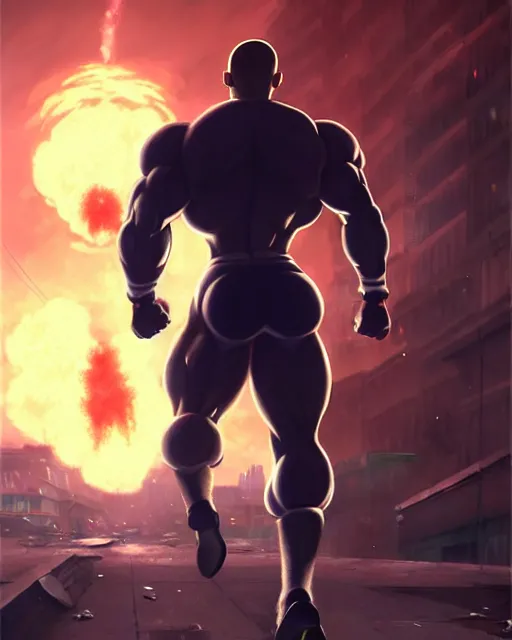 Image similar to gigachad luigi bodybuilder walking away from a atomic blast fighting like one punch man wearing a suit in the fight club city, fantasy character portrait, ultra realistic, anime key visual, full body concept art, intricate details, highly detailed by greg rutkowski, ilya kuvshinov, gaston bussiere, craig mullins, simon bisley