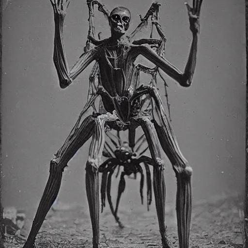 Image similar to 1860 photo of an old freak show body spider-woman, on the middle of a forest, spooky , veins, arteries, intricate, golden ratio, full frame, elegant, highly detailed, ornate, ornament, sculpture, elegant , luxury, beautifully lit, ray trace, 3d, PBR