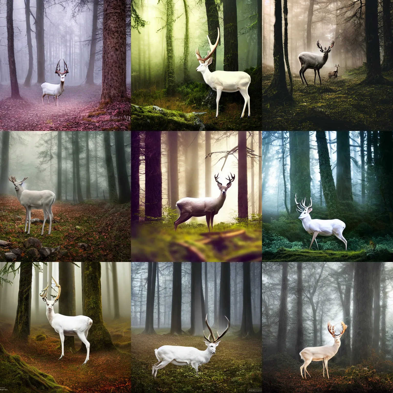 Prompt: a beautiful illustration of a white deer with huge antler in a forest, fantasy, morning light, mist, dreamy atmosphere, cinematic shot, high definition, detailed