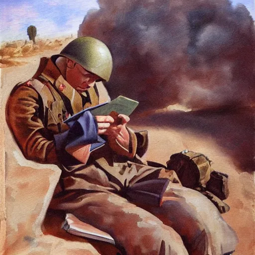 Prompt: medium shot painting of an italian soldier texting a letter to his beloved in wwII, behind him the desert of El Alamein