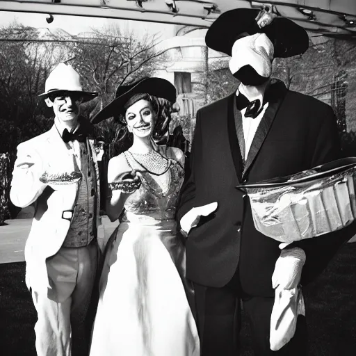 Prompt: evil garbage men at an extravagant ball, grainy color photograph