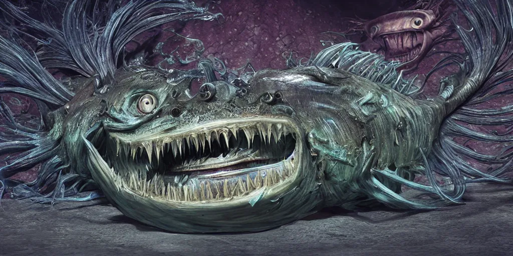 Prompt: angler fish, stylized layered textures, long flowing fins, bioluminescent orbs, 3 d render, substance painter, glowing eye, intricate, highly detailed, lifelike, smooth, sharp focus, art by h r giger