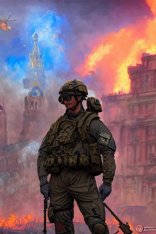 Prompt: special forces soldier with ukrainian blue and yellow patch on the foreground watching red square burn in the background, d & d, fantasy, bright atmosphere, volumetric lights, intricate, elegant, extremely detailed, digital painting, artstation, concept art, matte, smooth, sharp focus, hyper realistic, illustration, art by artgerm and greg rutkowski and alphonse mucha