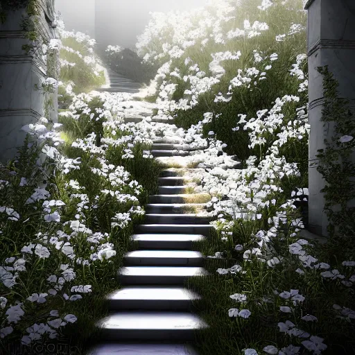 Image similar to stairways to heaven, white flowers, photorealistic, octane render, intricate detail, volumetric lighting, 8 k, unreal engine