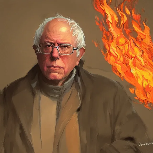 Image similar to Bernie Sanders as a firebender, portrait, elegant, intricate, digital painting, artstation, concept art, smooth, sharp focus, illustration, art by konstantin korovin and Daniel F. Gerhartz and john howe