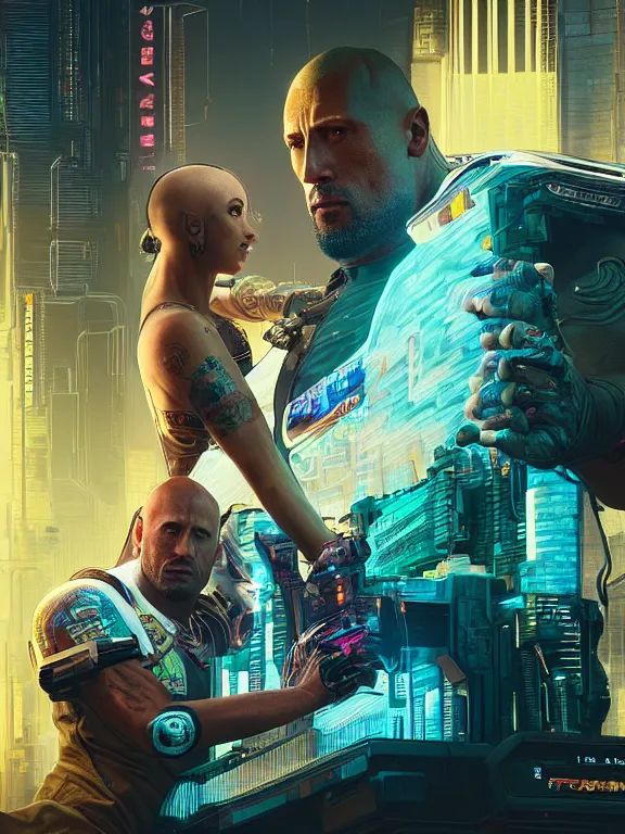 Prompt: a cyberpunk 2077 couple portrait of Dwayne Johnson holding a female android,complex mess of cables and wires behind them connected to giant computer,film lighting,by laurie greasley,Lawrence Alma-Tadema,William Morris,Dan Mumford, trending on atrstation,full of color,face enhance,sharp focus, highly detailed,8K, octane,golden ratio,cinematic lighting